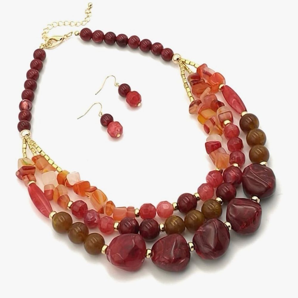 NEW Elegant Red and Brown Beaded Necklace Set
